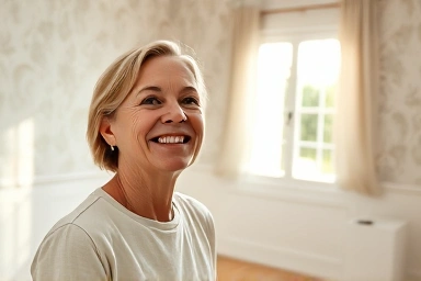 Joyful person admires newly wallpapered room, sense of accomplishment.