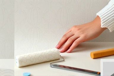 Hands carefully applying wallpaper, DIY precision, elegant pattern.