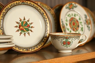 Curated vintage ceramic plates and teacups on a shelf in a Seoul shop.