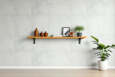 Shelf mounted on concrete wall without visible fixings