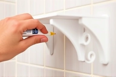 Applying adhesive to shelf bracket for tile wall mounting