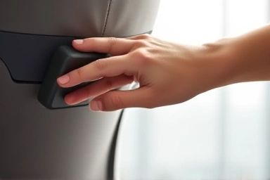 Close-up of hand adjusting lumbar support on Sidiz T50 chair.