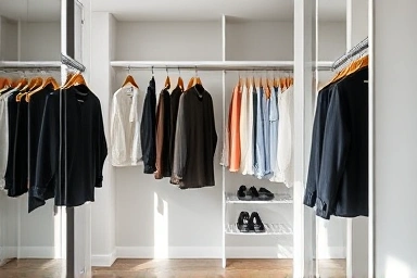 Organized small dressing room with custom system hanger.