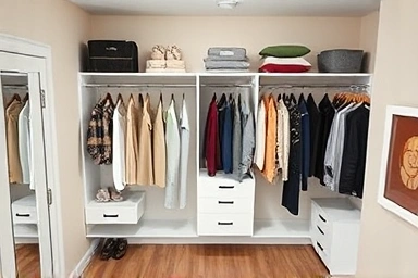 Maximized space in a small room with custom closet system.