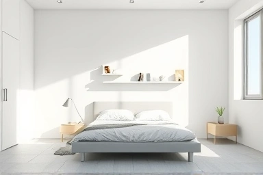 Minimalist small bedroom with low furniture and bright colors