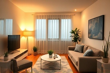 Small apartment living room enhanced with strategic lighting for illusion of space.
