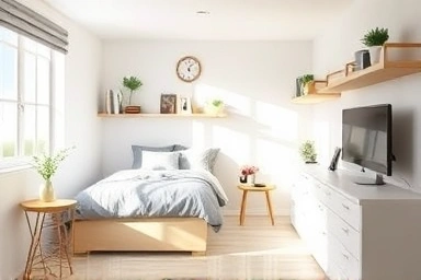 Spacious studio apartment with smart hidden storage solutions