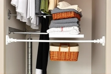 Clever closet organization using a tension rod for extra shelving