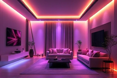 Modern living room with dynamic ambient smart lighting.