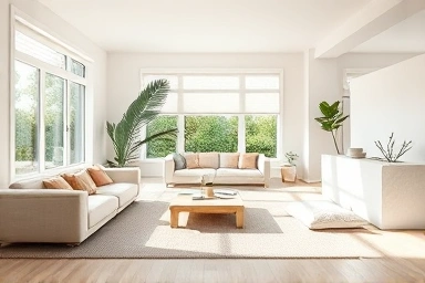 Spacious living room interior with low-profile furniture and natural light.