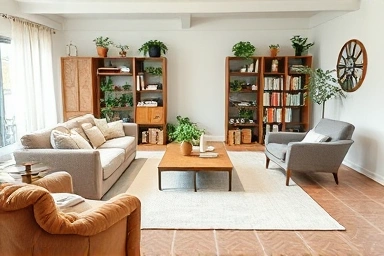 Cozy living room without sofa, featuring floor cushions and armchair.