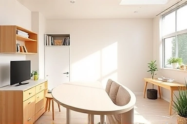 Spacious studio apartment with smart, multi-functional furniture.