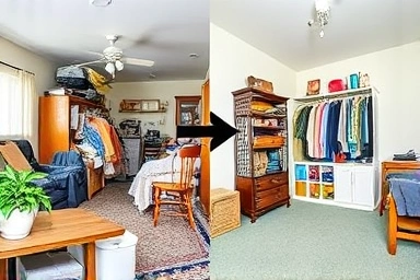 Before and after of a studio move: chaotic vs. minimalist.