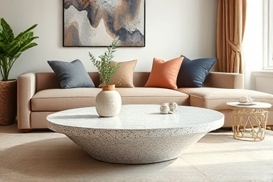 Modern living room with terrazzo coffee table and vase.