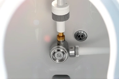 Inside of a toilet tank with plumbing parts