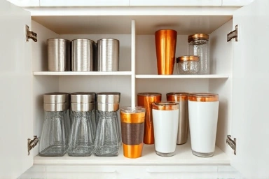Organized kitchen cabinet with neat tumbler storage solutions.