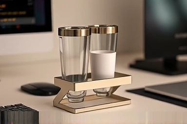 Compact desk setup with a space-saving tumbler stand.