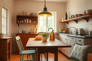 Cozy vintage kitchen with wooden table and warm lighting.