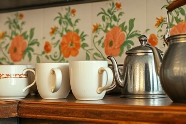 Nostalgic vintage kitchen details: antique mugs and teapot.