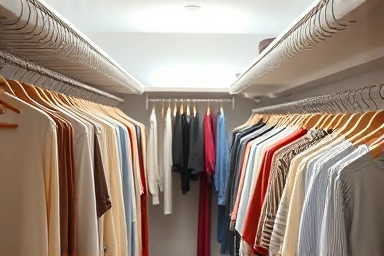 Organized closet with uniform hangers, emphasizing spaciousness and order.