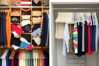 Before and after of a closet transformation with uniform hangers.
