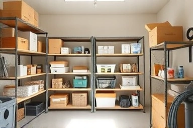 Organized home storage room with custom angle iron shelves.