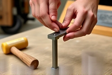 Hands assembling modular angle iron shelving system.