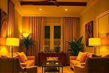 Cozy living room with warm, ambient lighting.