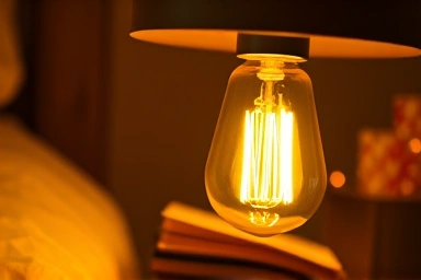 Close-up of a lamp with a warm yellow LED bulb, creating an intimate mood.