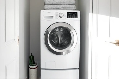 Organized compact laundry room with stacked washer and dryer.