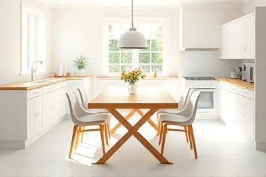 Modern kitchen with white wood dining table