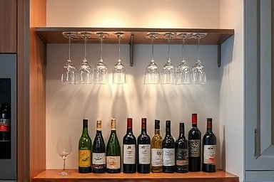 Elegant home bar with wine glass racks and bottle storage.