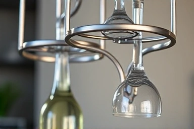 Close-up of a stylish wine glass rack, highlighting design and function.