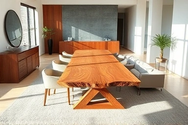 Modern living room with a natural wood slab table as centerpiece.
