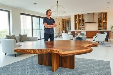 Interior designer planning wood slab table placement in a living room.