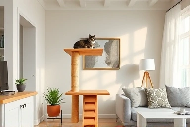 Stylish wooden cat tree in a modern living room with a cat.
