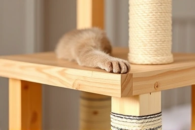 Close-up of a durable wooden cat tower platform and scratching post.