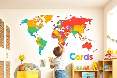 Child pointing at world map poster in bedroom, learning space.