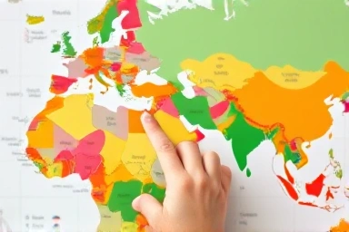 Close-up of world map poster with flags and landmarks for kids.