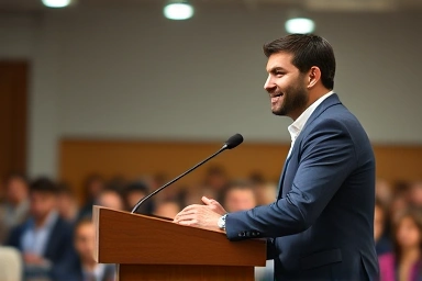 Professional delivering confident self-introduction speech.