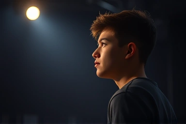 Aspiring actor contemplating a stage, symbolizing future opportunities.