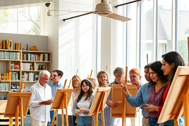 Adults enjoying creative art class in a bright studio.