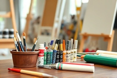 Art supplies like paint, brushes, and canvases on a table.