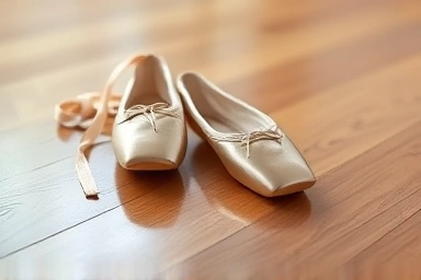 Clean ballet shoes on a polished wooden floor.
