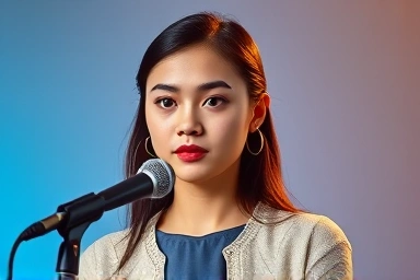 Young woman aspiring to be an announcer, educational support, career opportunity.