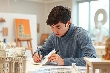 Student focused on drawing in an art studio.