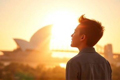 Young person aspiring for education in Australia with iconic landmarks.