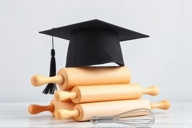 Graduation cap on baking tools, symbolizing career achievement.