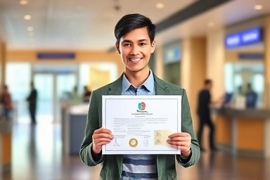 Professional bank teller with certificate, symbolizing career success.