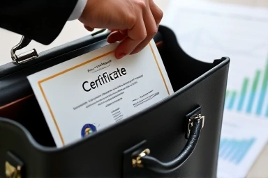 Certificate in briefcase with financial charts, career achievement.